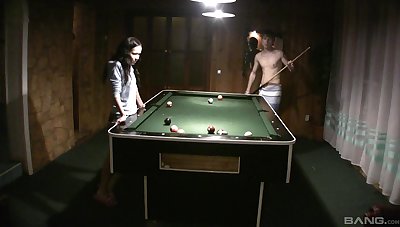 Bungler couple playing pool and having sex on rub-down the pool table